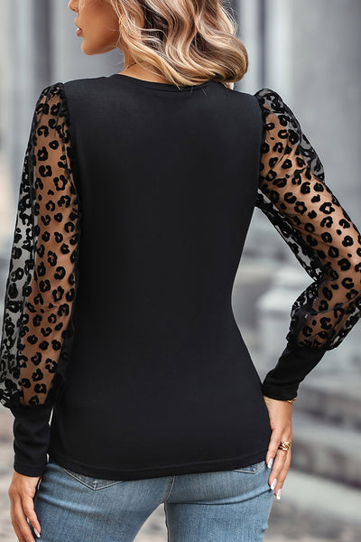 Shiying Sheer Black Leopard Sleeve Top