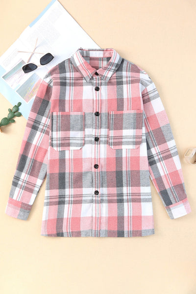 Shiying Plaid Flannel Button Up Shirt w/ Patch Pocket