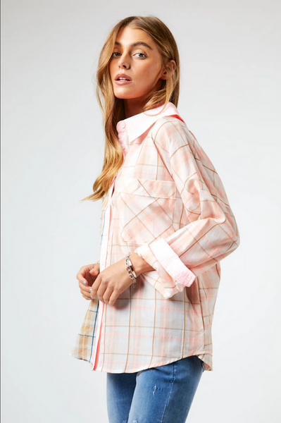 Davi & Dani Plus Neon Multi Plaid Button Down Blouse