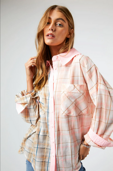 Davi & Dani Plus Neon Multi Plaid Button Down Blouse