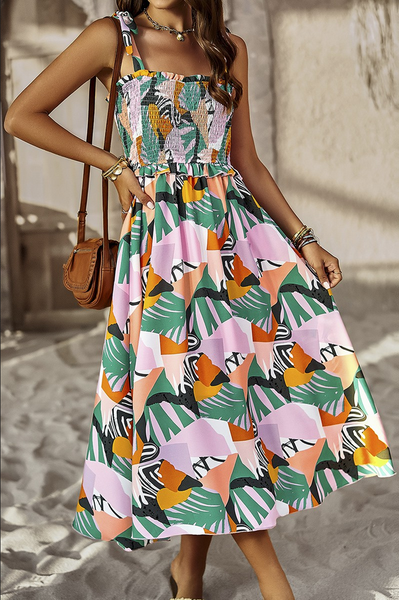 Supreme Fashion Smocked Tropical Print Sundress