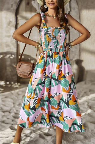 Supreme Fashion Smocked Tropical Print Sundress