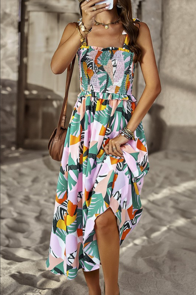 Supreme Fashion Smocked Tropical Print Sundress