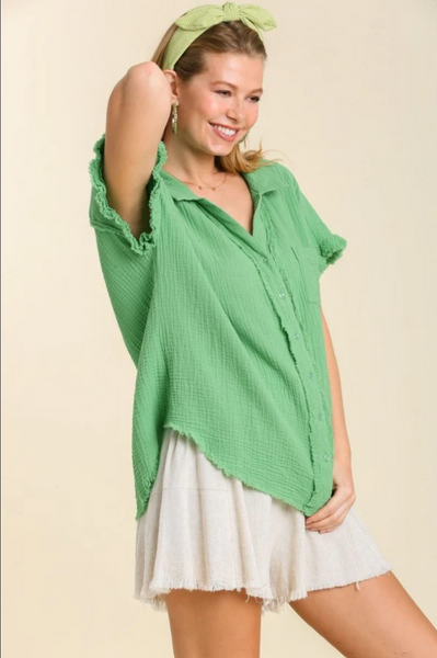 Umgee Short Sleeve Collared Button Up Top with Frayed Hem