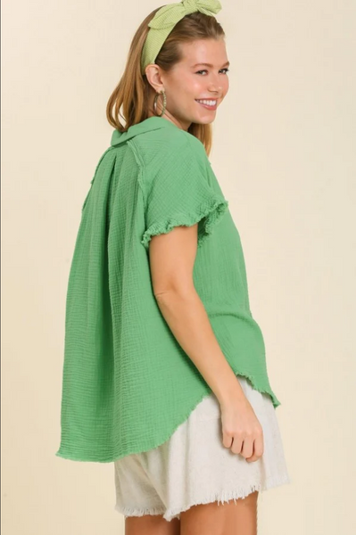 Umgee Short Sleeve Collared Button Up Top with Frayed Hem