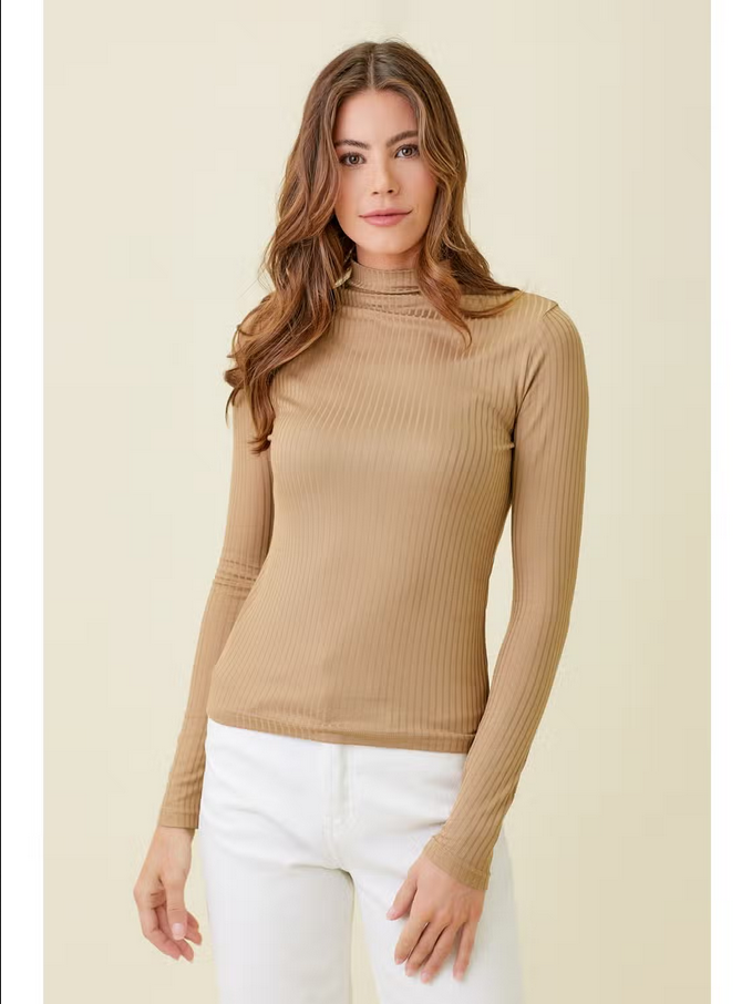 Mystree Ribbed Mock Neck Long Sleeve Top - Necessities Boutique