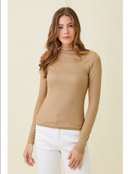 Mystree Ribbed Mock Neck Long Sleeve Top