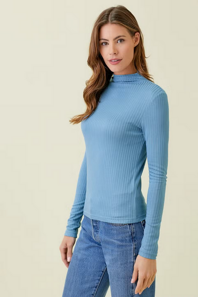 Mystree Ribbed Mock Neck Long Sleeve Top