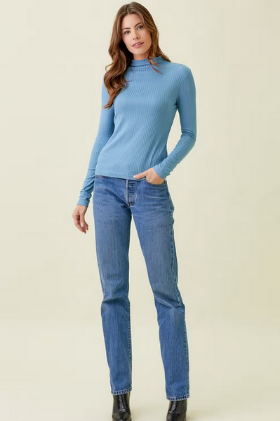 Mystree Ribbed Mock Neck Long Sleeve Top