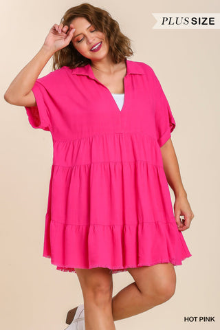 Umgee V-Neck Collared Ruffle Tiered Dress