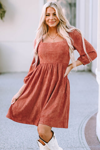 Shiying Brown Suede Square Neck Puff Sleeve Dress