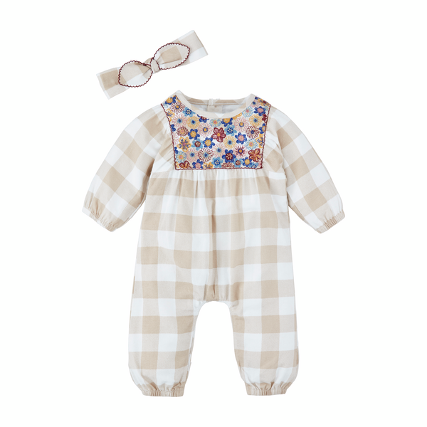 Mudpie Neutral Check Floral Baby Longall And Headband Set