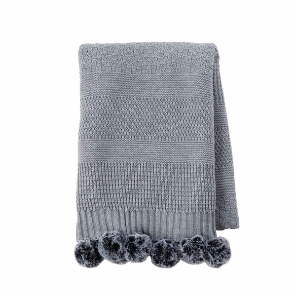 Mudpie Knit Blanket w/ Faux Fur Poms - Necessities Boutique