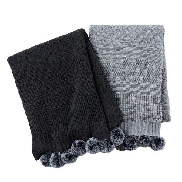 Mudpie Knit Blanket w/ Faux Fur Poms - Necessities Boutique