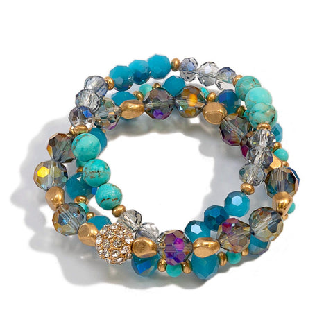Pomina Crystal, Natural Stone & Rhinestone Bead Stretch Bracelet - Necessities Boutique
