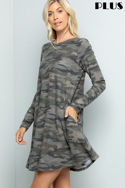 Sunday Morning Plus Camo Print Long Sleeve Dress - Necessities Boutique