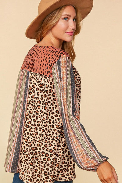 Haptics  V-Neck Boho Animal Print Bubble Sleeve Top - Necessities Boutique