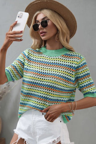 Miss Sparkling Multi Color Stripe Crocheted Sweater - Necessities Boutique