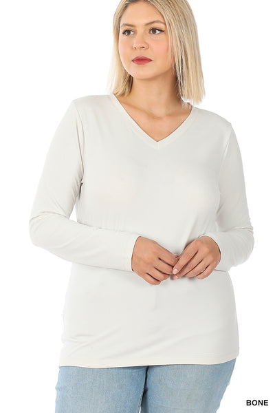 Zenana Brushed Microfiber Long Sleeve V-Neck Tee - Plus Size - Necessities Boutique