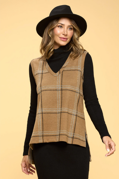 Renee C brand Plaid V neck Vest with Side Slit - Necessities Boutique