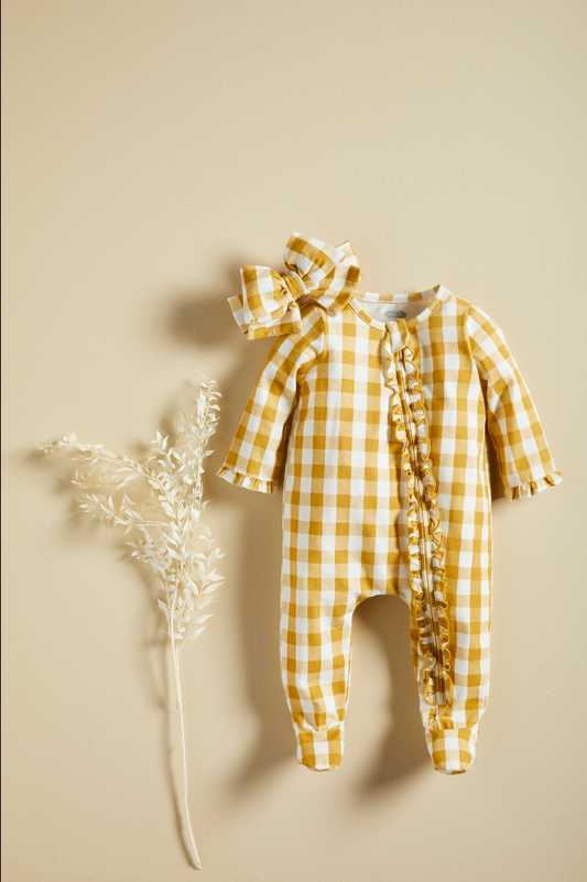 Mudpie Mustard Gingham Baby Sleeper Set - Necessities Boutique