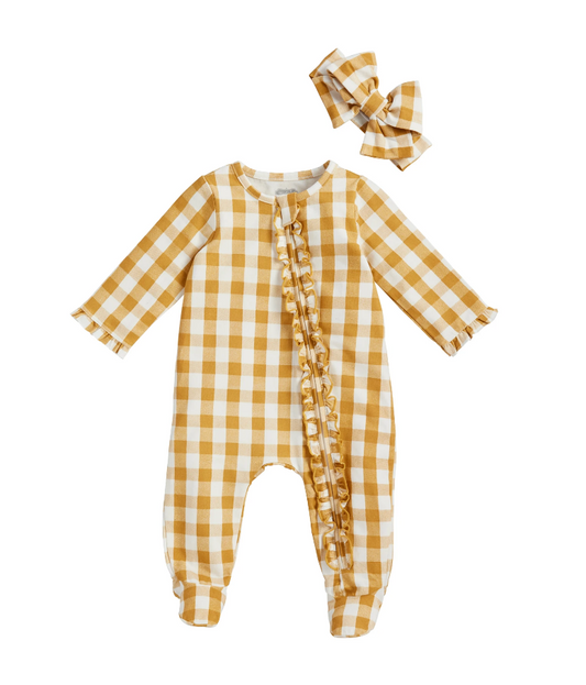 Mudpie Mustard Gingham Baby Sleeper Set - Necessities Boutique