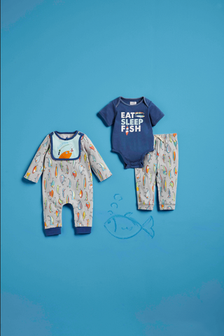 Mudpie Eat, Sleep, Fish Baby Bodysuit Set - Necessities Boutique