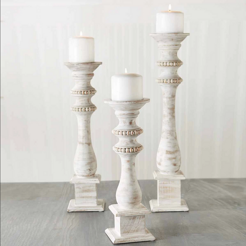 Mudpie Bead Trim White-Washed Candlestick Holders - Necessities Boutique