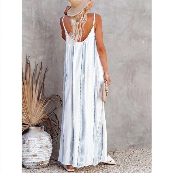 Wincosy Loose Striped Print Casual Maxi Dress - Necessities Boutique