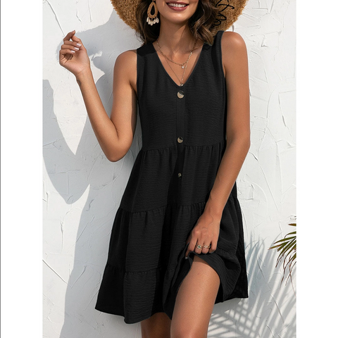 Wincosy V-Neck Tiered Button Front Sleeveless Dress - Necessities Boutique
