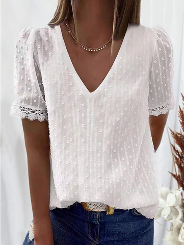Delicatt Solid Color Lace Patchwork V-neck Shirt - Necessities Boutique