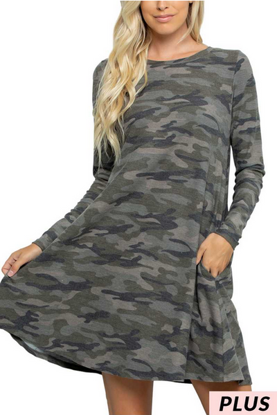 Sunday Morning Plus Camo Print Long Sleeve Dress - Necessities Boutique