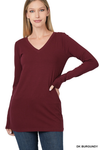 Zenana Cotton V-Neck Long Sleeve T-Shirt - Necessities Boutique