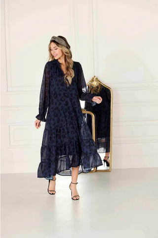 Mudpie Simone Navy Leopard Chiffon Maxi Dress - Necessities Boutique