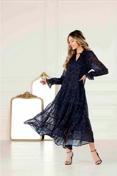 Mudpie Simone Navy Leopard Chiffon Maxi Dress - Necessities Boutique