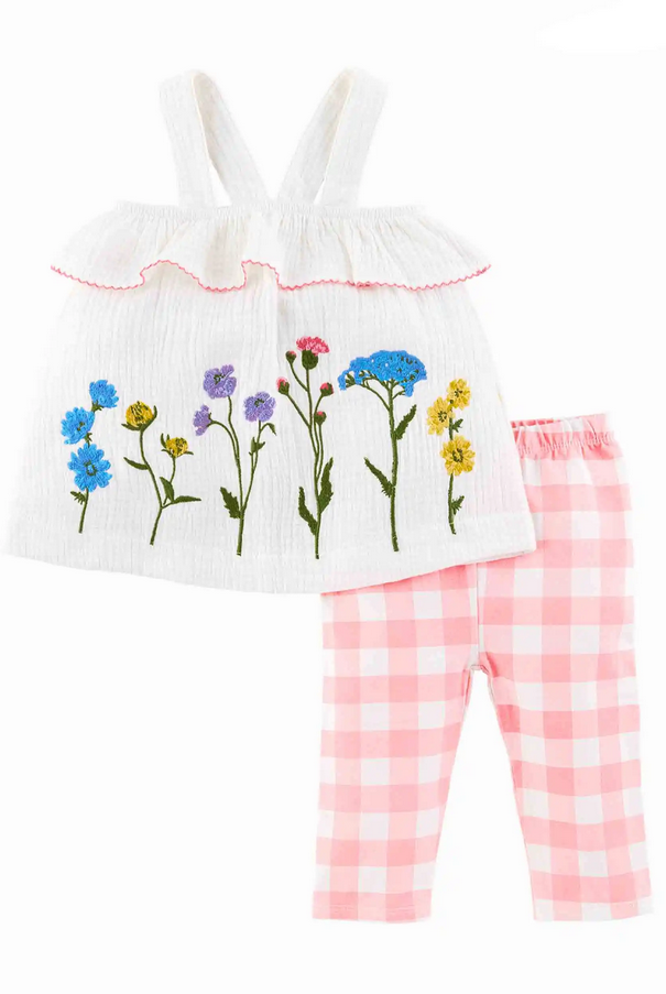 Mudpie Flower Embroidered Pinafore or Tunic/Pant Set - Necessities Boutique