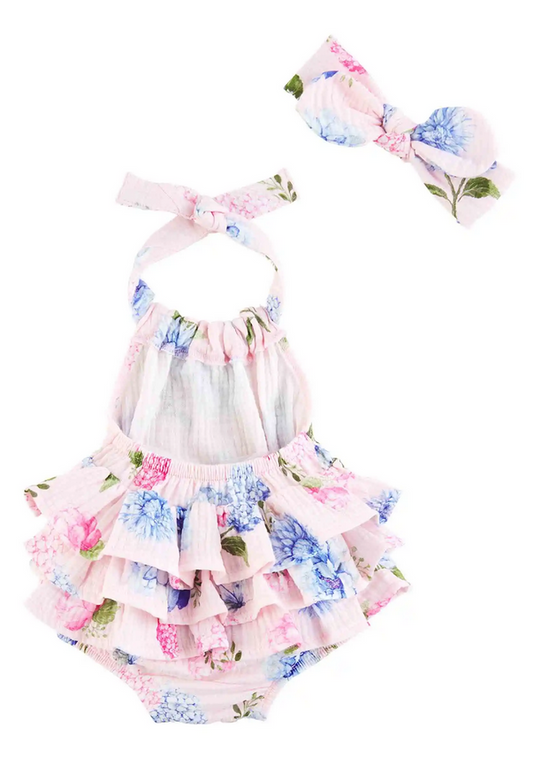 Mudpie Pink Hydrangea Baby Romper Set - Necessities Boutique