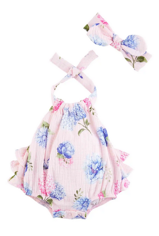 Mudpie Pink Hydrangea Baby Romper Set - Necessities Boutique