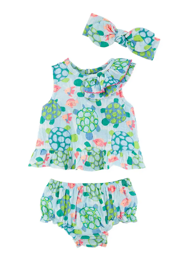 Mudpie Turtle Print Baby Pinafore Set - Necessities Boutique
