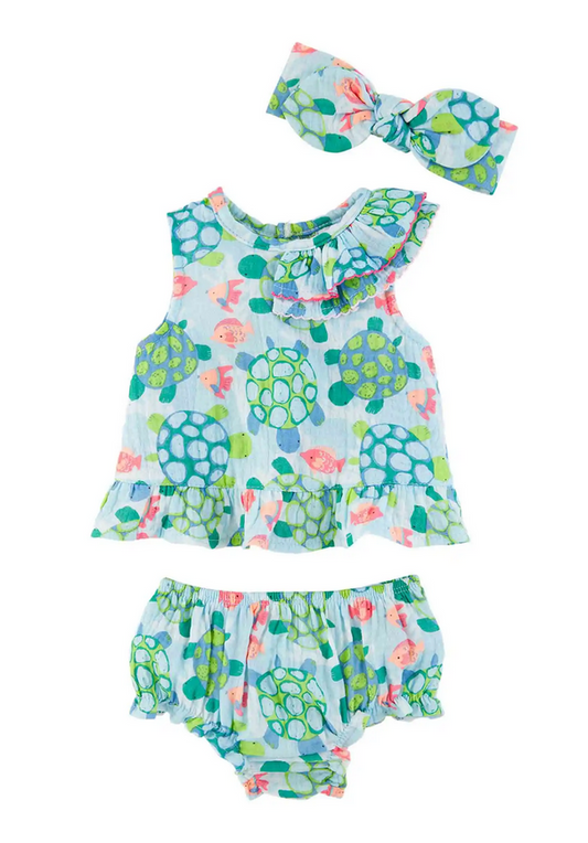 Mudpie Turtle Print Baby Pinafore Set - Necessities Boutique