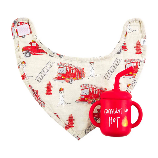 Mudpie Firetruck Silicone Cup and Bib Set - Necessities Boutique