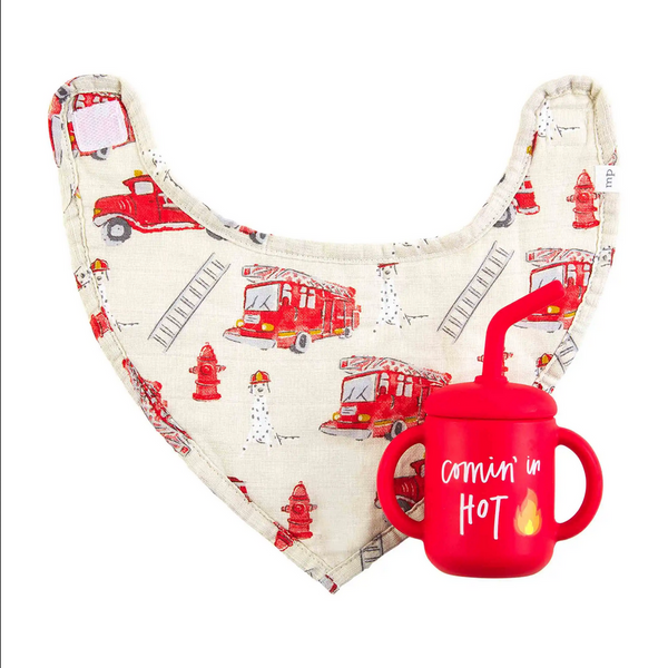 Mudpie Firetruck Silicone Cup and Bib Set