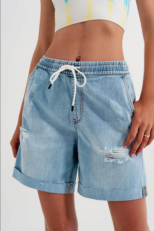Q2 High Waist Elastic Waist Jean Shorts - Necessities Boutique