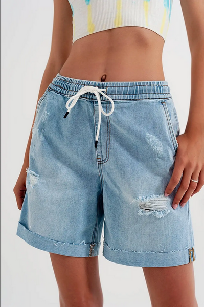 Q2 High Waist Elastic Waist Jean Shorts