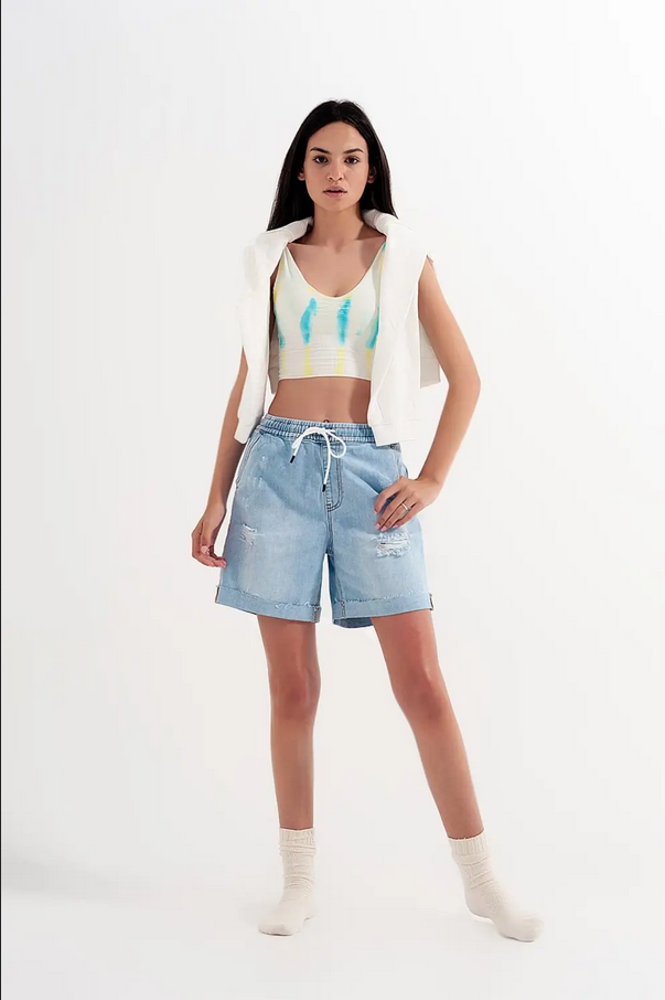 Q2 High Waist Elastic Waist Jean Shorts - Necessities Boutique