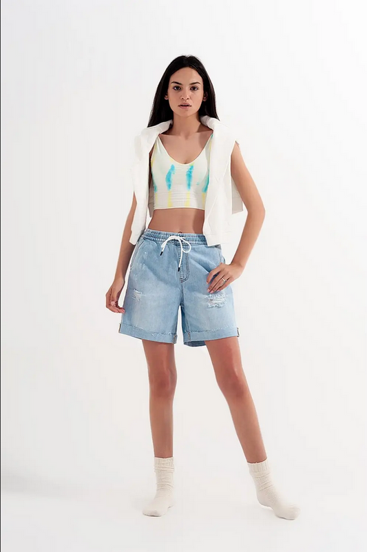 Q2 High Waist Elastic Waist Jean Shorts - Necessities Boutique