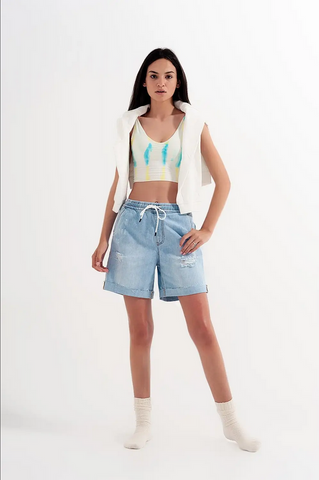 Q2 High Waist Elastic Waist Jean Shorts