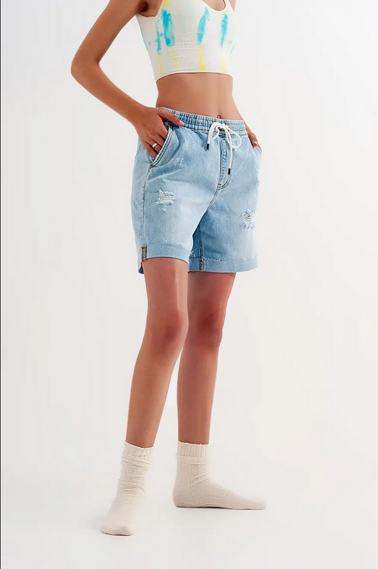 Q2 High Waist Elastic Waist Jean Shorts - Necessities Boutique