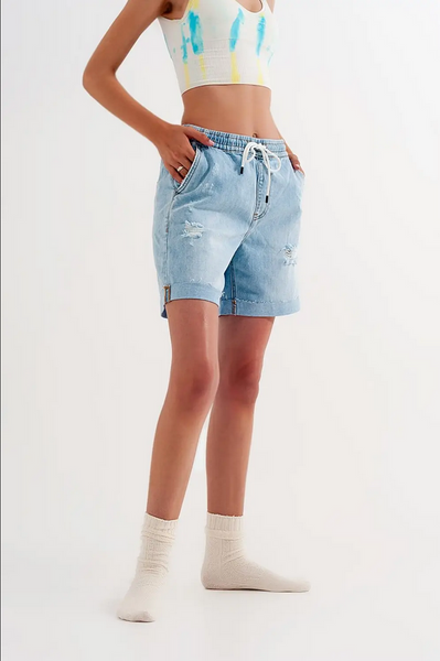 Q2 High Waist Elastic Waist Jean Shorts