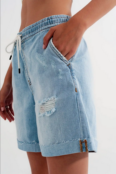 Q2 High Waist Elastic Waist Jean Shorts